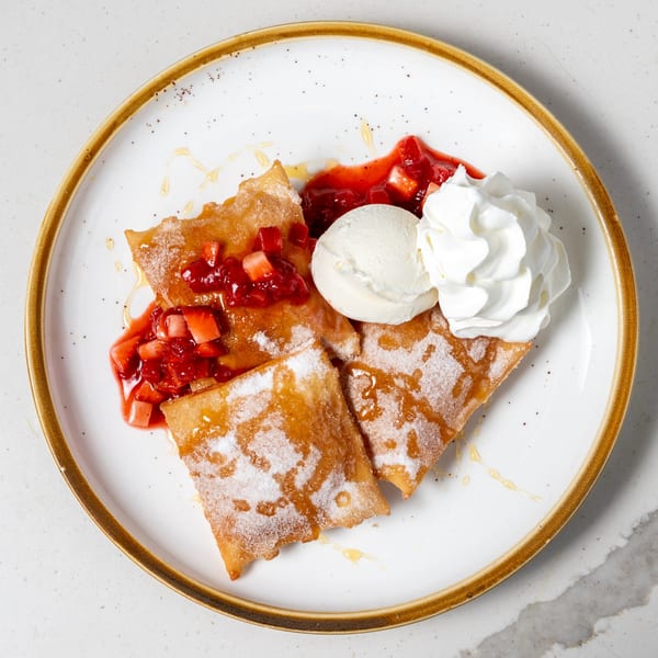 Fried pastry squares with powdered sugar, strawberry topping, vanilla ice cream, and whipped cream.