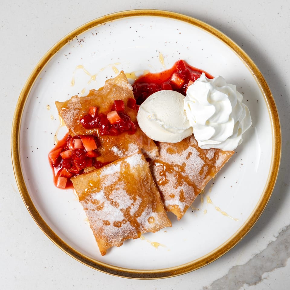 Fried pastry squares with powdered sugar, strawberry topping, vanilla ice cream, and whipped cream.