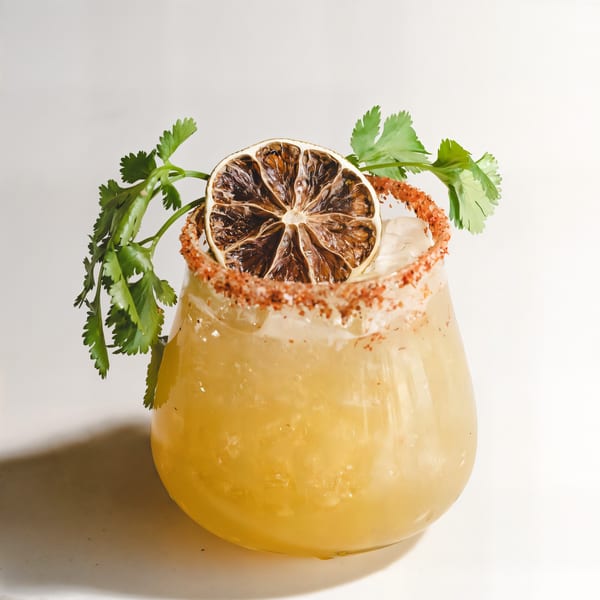La Prensa Tacos & Tapas margarita with a dried lime slice, cilantro, and chili-salt rim.